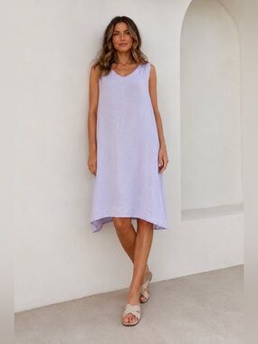 Bryn Walker Lavender Linen Sleeveless Tunic Dress L A-Line High Low Hem USA Boho